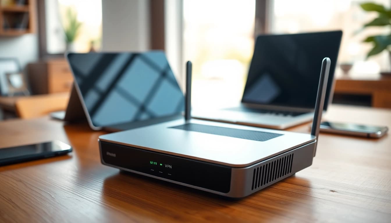 Highlighting the best vpn router on a modern desk to showcase its sleek design and connectivity features.