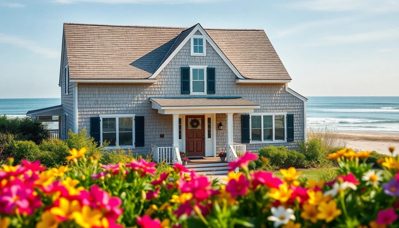 Captivating view of a cape cod home surrounded by flowers and ocean waves.