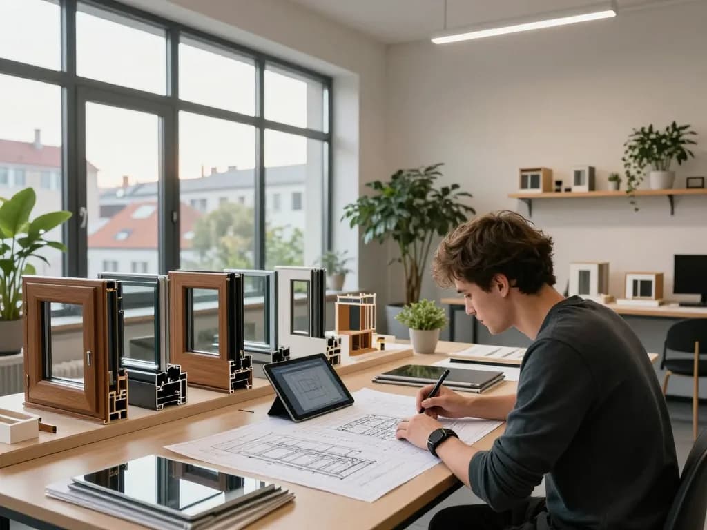 Innovatives Fensterbau-Designstudio mit Architekten, der Fenster Materialien untersucht.