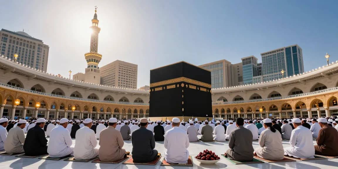 Umroh Full Ramadhan 2026 travel guide showcasing pilgrims in prayer at Masjid al-Haram, highlighting remarkable spiritual tourism experience.