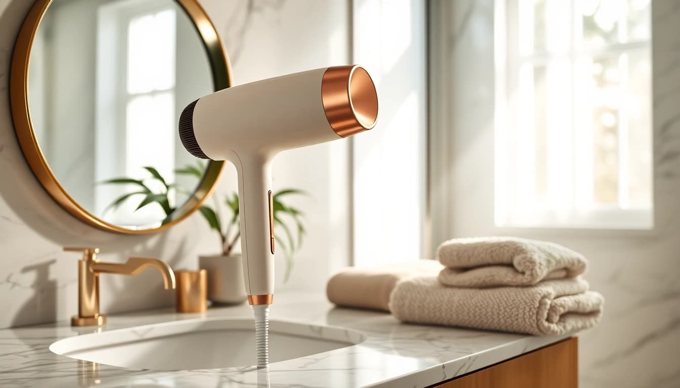 Transform frizzy hair with a sleek hair dryer showcasing elegant design and bathroom decor.