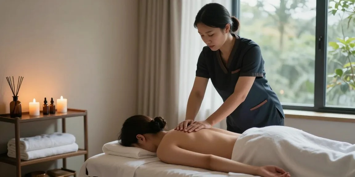 마사지 테라피 공간에서 고객에게 스웨디시 마사지를 해주는 전문 마사지사 모습