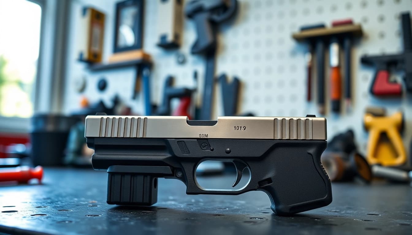 Buy Glock 19 slide featuring detailed craftsmanship in an industrial workshop.