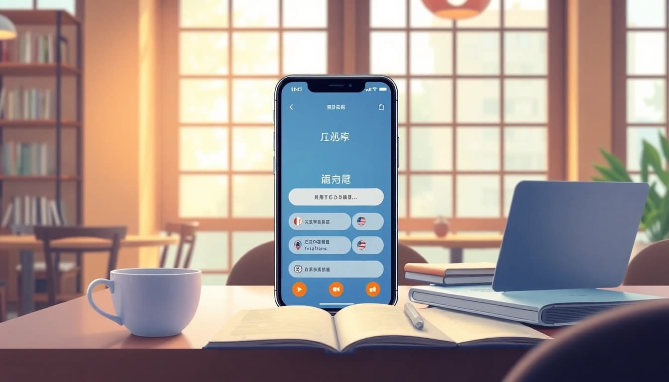 Vibrant translation app interface showcasing 有道翻译 features in a cozy café setting.