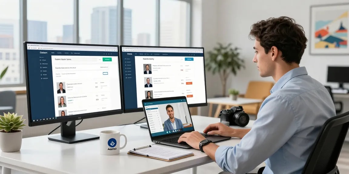 Exploring host agency software in a modern travel agency office, showcasing client interaction.