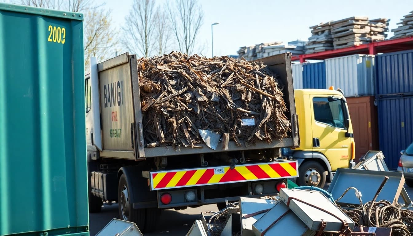 Schrotthandel Düsseldorf organisiert eine professionelle Schrottabholung, während Metallteile geladen werden.