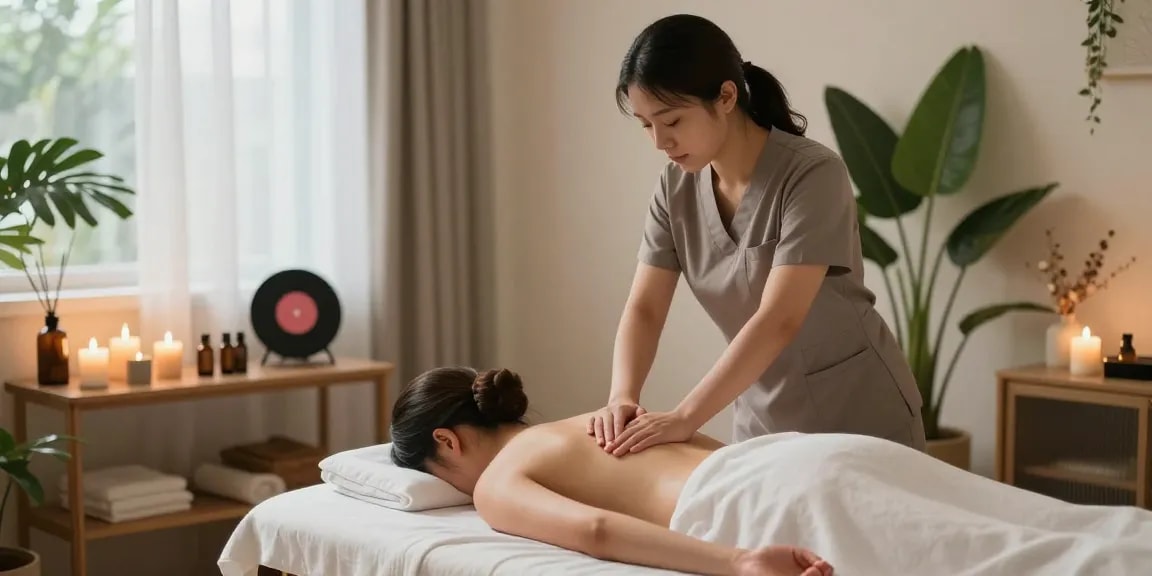 마사지 중인 전문가가 고객에게 스웨디시 마사지 제공하는 편안한 스파 환경