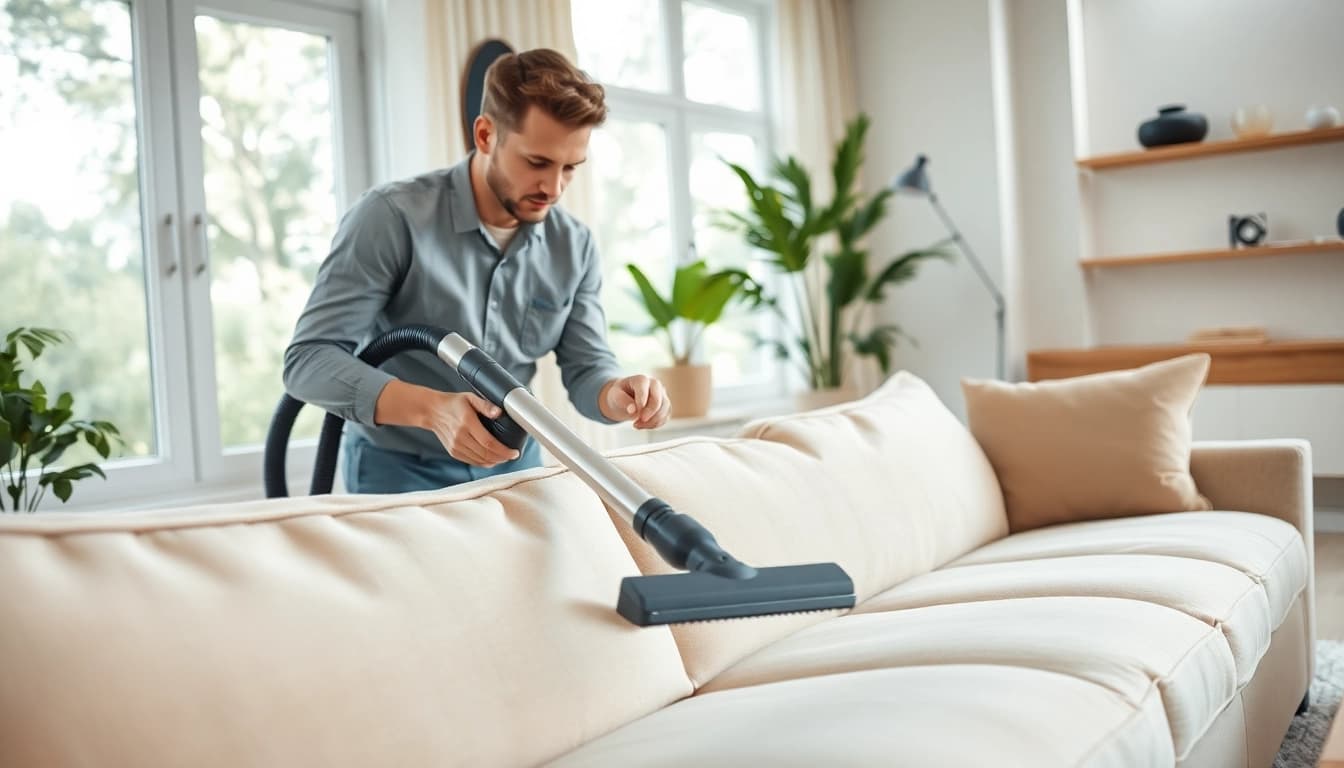 Sofa cleaning Dubai service in action with a professional cleaner and modern decor.