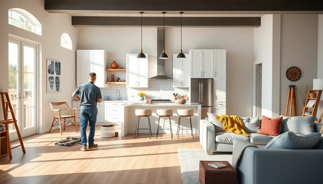 Home renovation project depicting craftsmen transforming a cozy living room and modern kitchen.