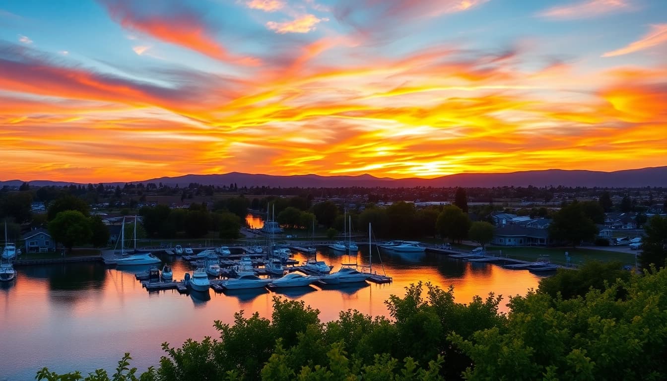 Serene sunset view of Clarksburg California featuring boats and lush greenery.