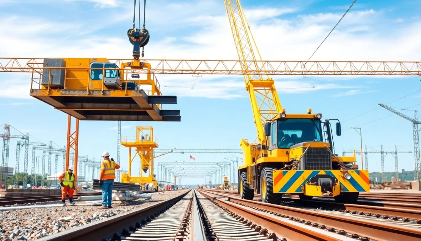 Railroad Contractors USA actively constructing railway tracks with heavy machinery.