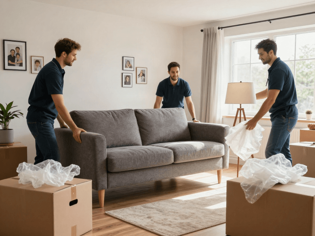 Professional movers efficiently handling furniture during a home relocation.