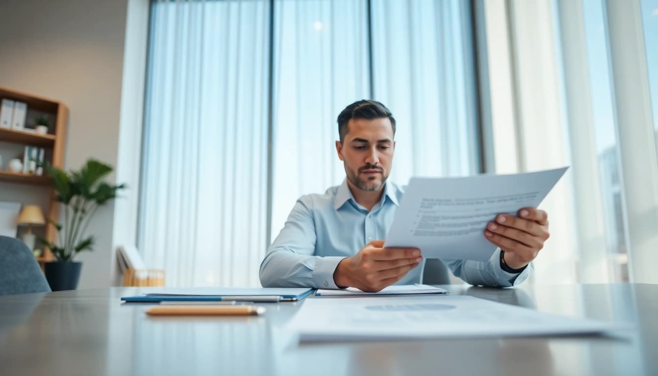Debt collection UK professional reviewing financial documents in a bright office.