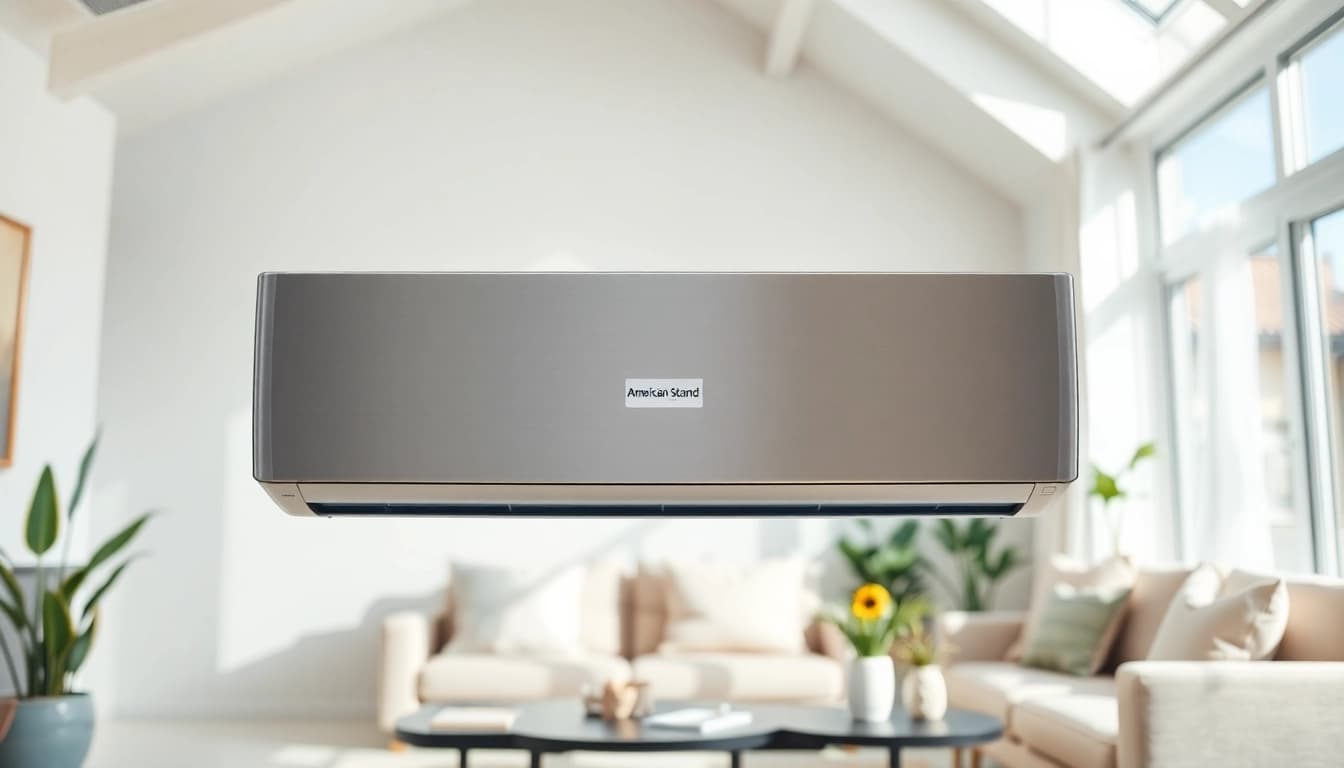 Enhance home comfort with an American Standard AC unit showcased in a modern living room.