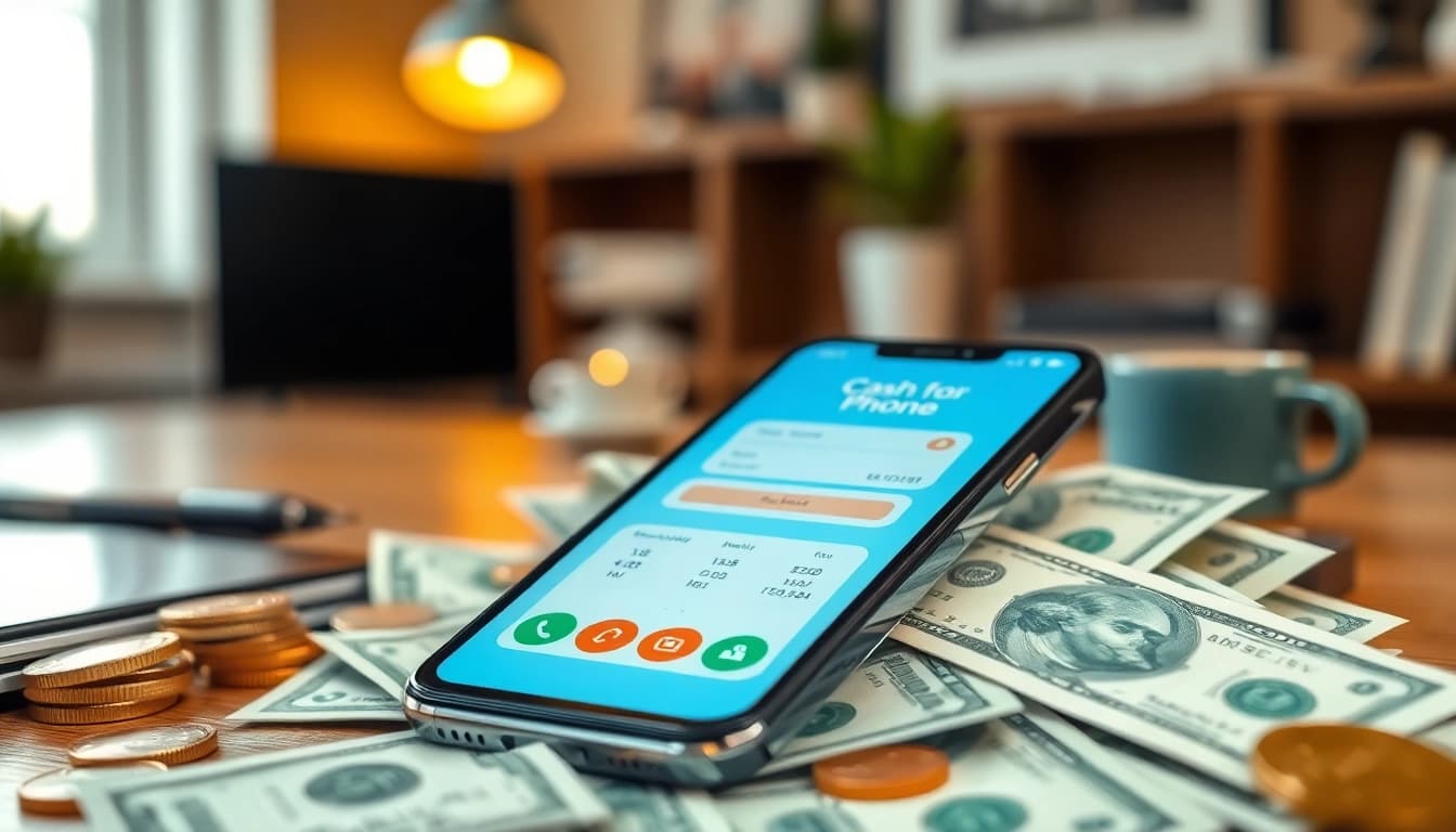 Engaging cash for phone scene featuring a smartphone with money on a desk.