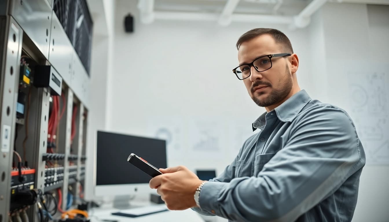 Engaged technician conducting commercial electrical maintenance in a modern office space.