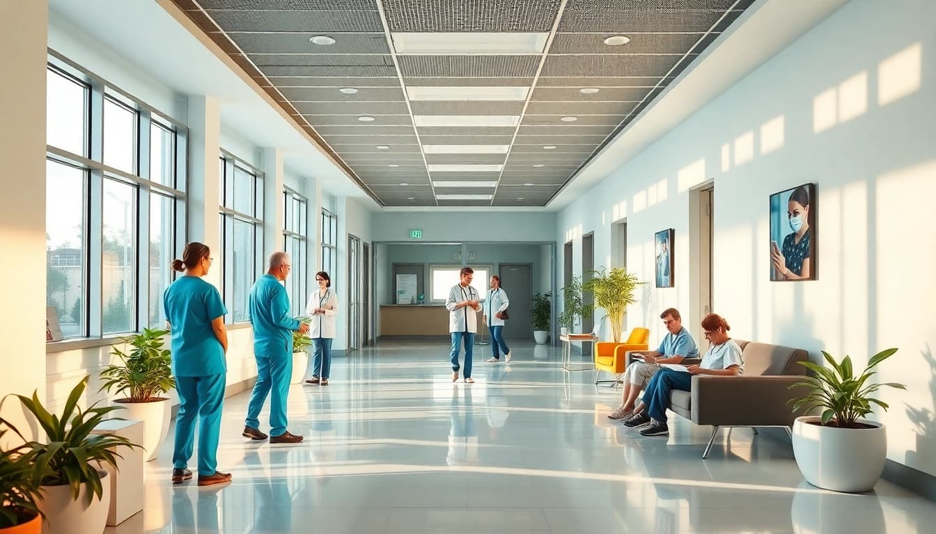 Ontmoet vriendelijke zorgverleners in de moderne lobby van https://tweestedenziekenhuis.nl, waar patiënten zich welkom voelen.