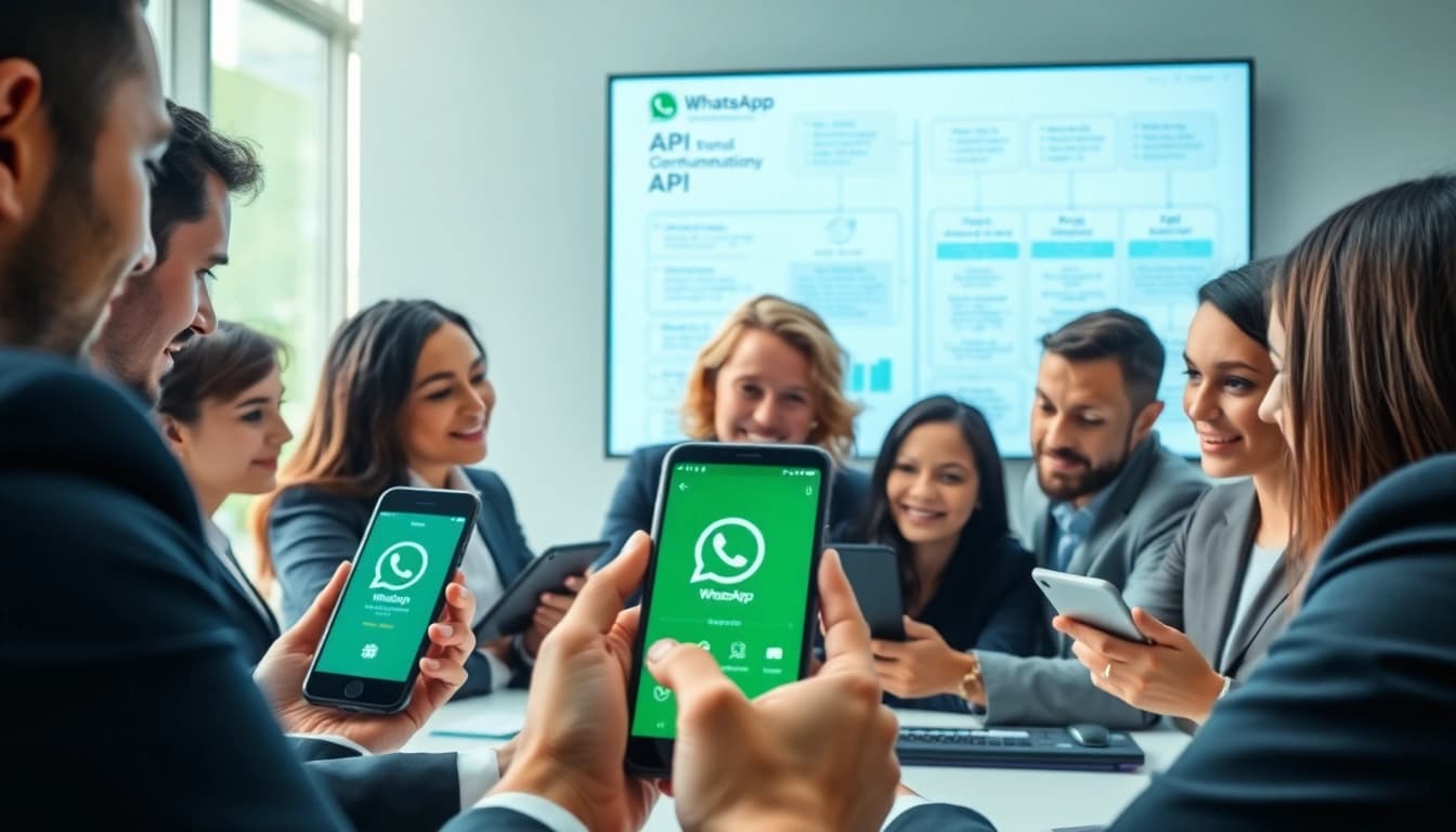 Engaging professionals discussing the whatsapp api in a modern office setting.