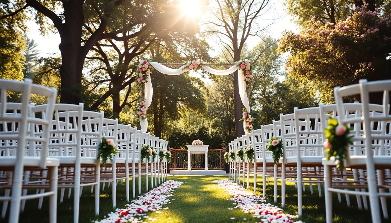 Location Hochzeit: Traumhaft dekorierte Hochzeitslocation im Freien mit wunderschönem Blumenarrangement.