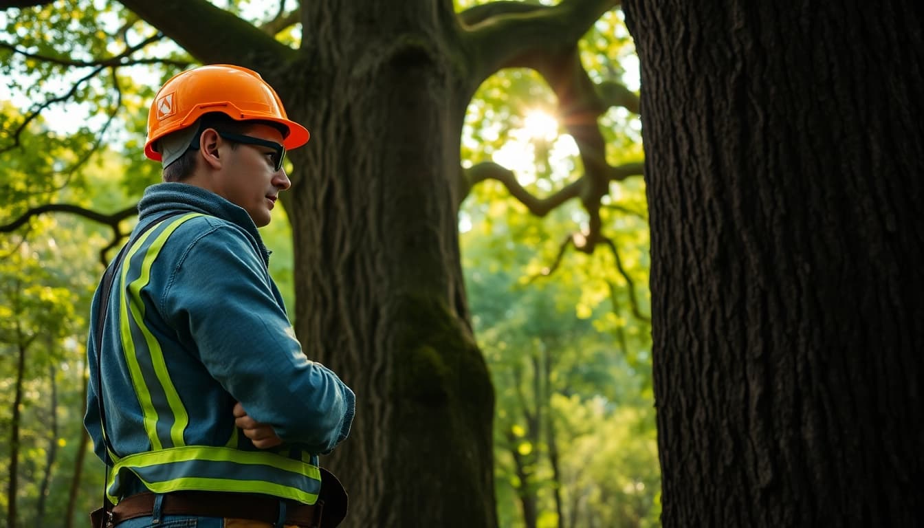 Tree Consultancy expert examines a majestic oak tree in a vibrant forest.