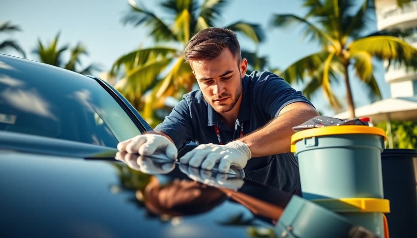 Enhancing mobile detailing Fort Lauderdale with a technician cleaning a luxury car.
