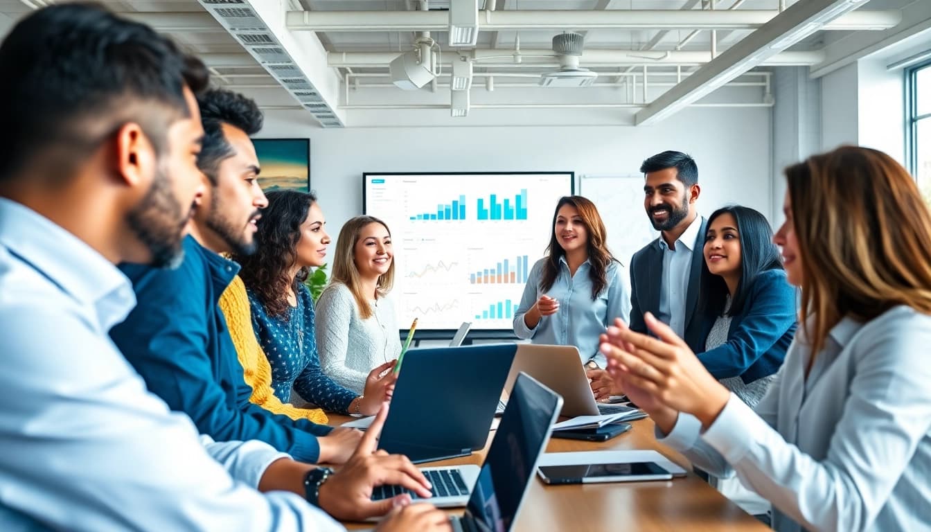 Boost Social Media services with an energetic digital marketing team collaborating in a modern office.