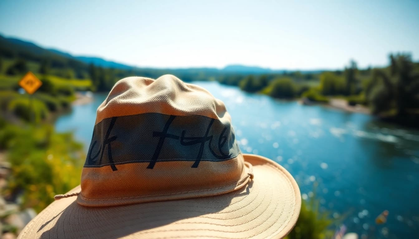 Showcasing a stylish fly fishing hat near a serene river setting.