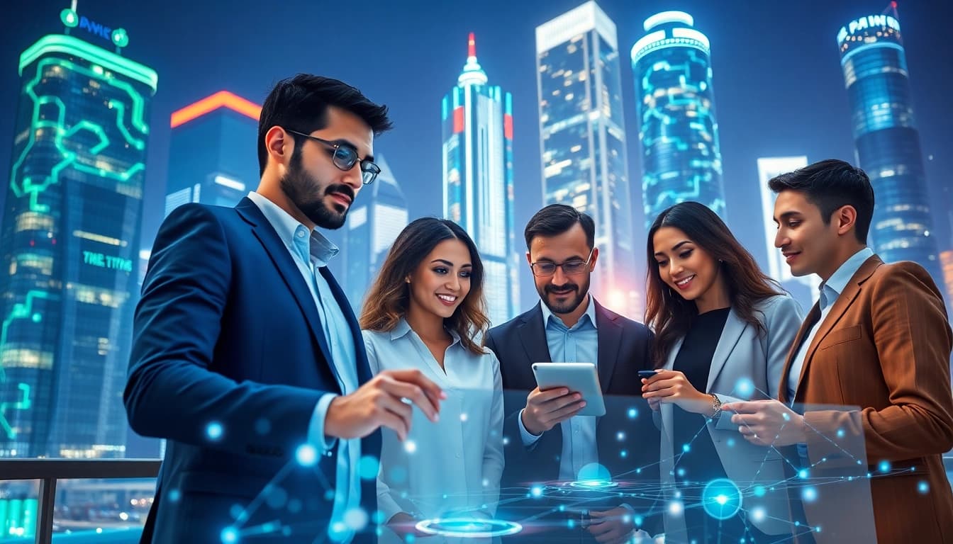 Engaging professionals showcasing technology insights at https://mohamedmmblog.tech with a vibrant cityscape.