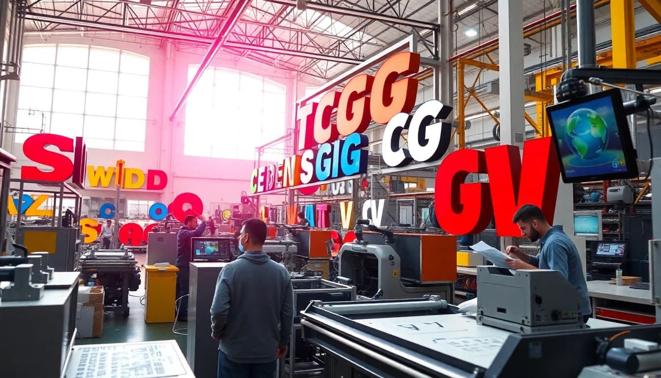 Efficient sign manufacturing process in a modern facility with skilled workers and advanced equipment.