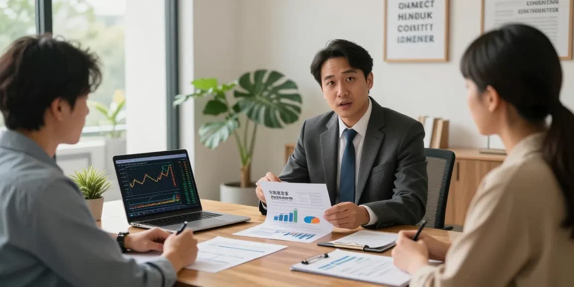 Couple discussing precious metals investment strategy with a financial advisor in a bright office.