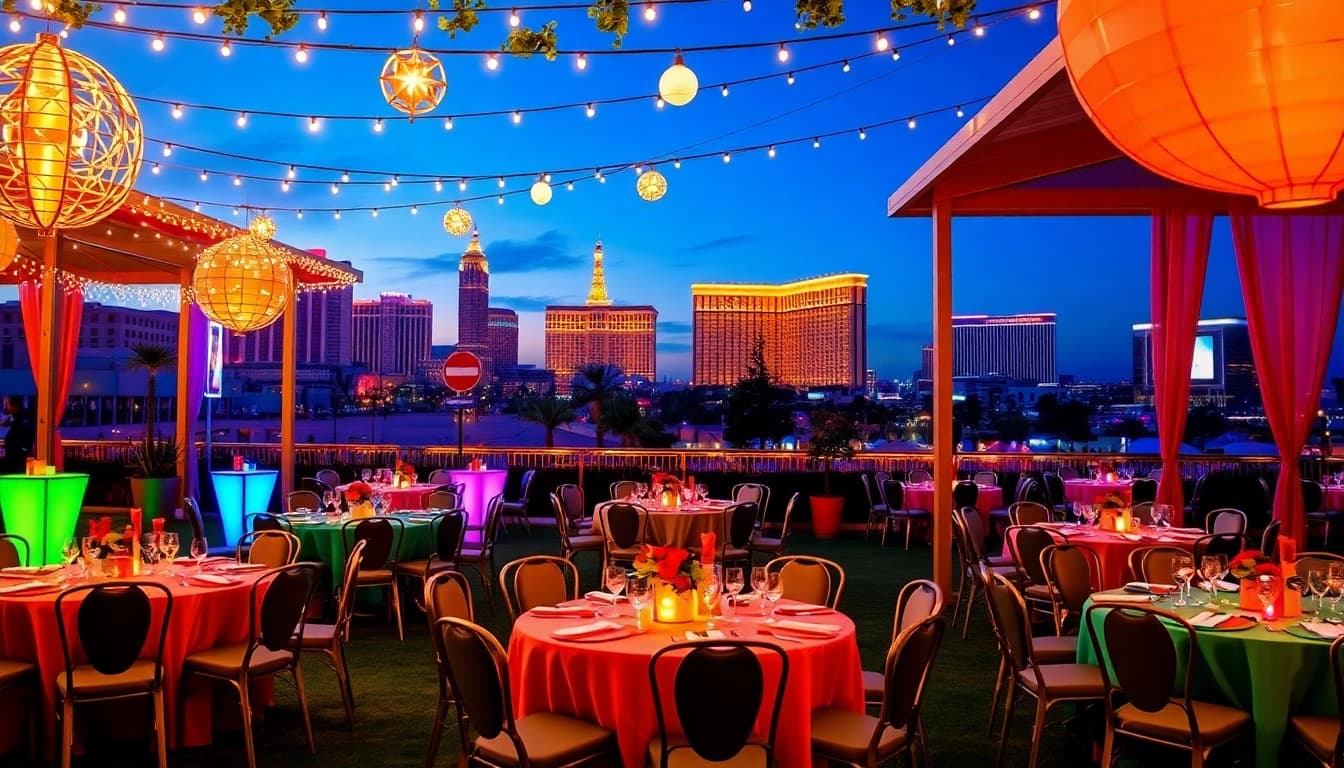 Enjoy vibrant Party Rentals Las Vegas setup with colorful decorations and twinkling lights.