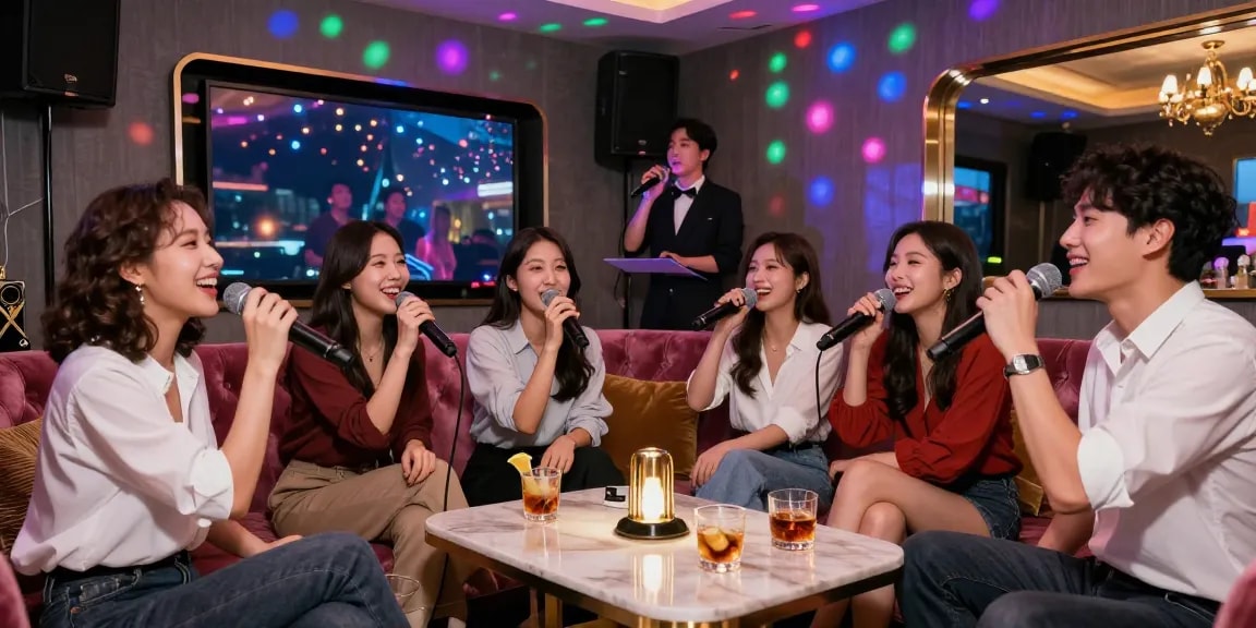 강남 가라오케에서 친구들과 노래를 부르며 즐거운 시간을 보내고 있는 모습