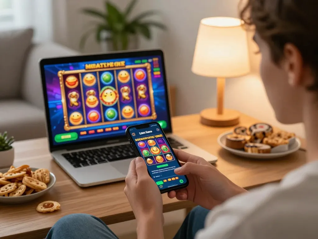 Engaging with the Link Gaco app for exciting slot games in a cozy living room.