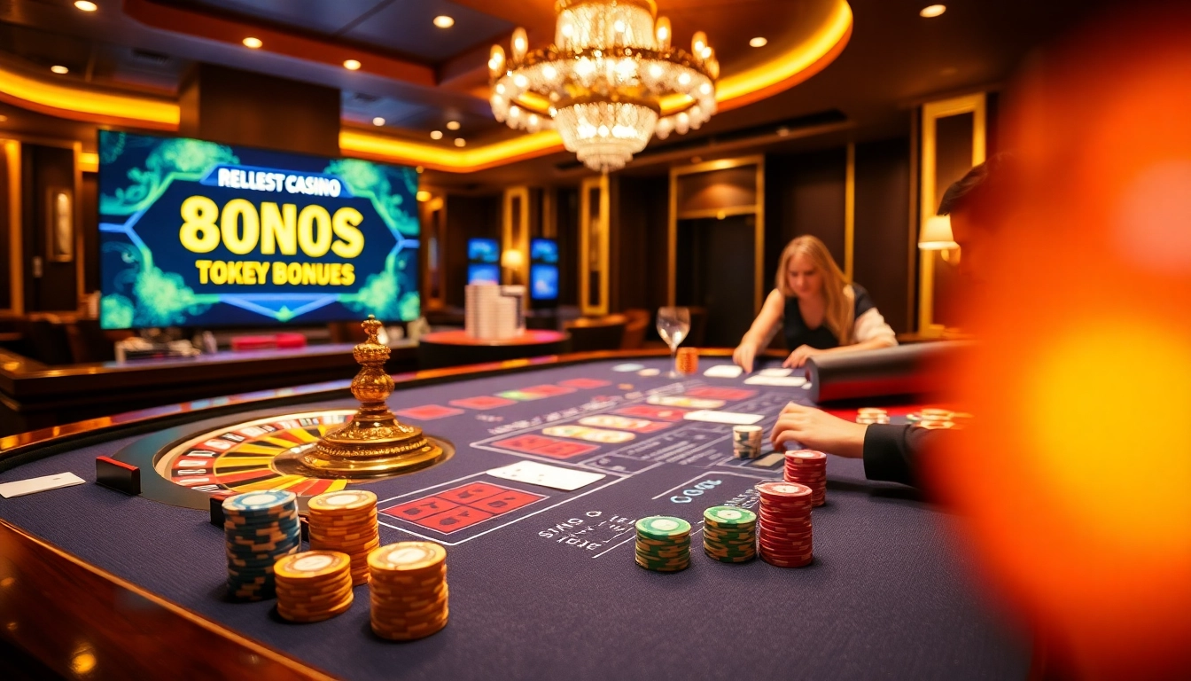 Experience the thrilling ambiance of okfun casino with poker chips, cards, and a roulette wheel.