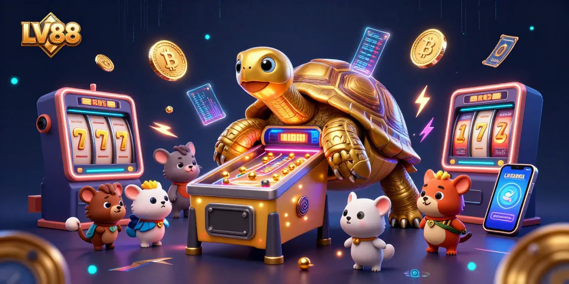 Engage in thrilling LV88 casino gameplay featuring a golden tortoise pinball machine surrounded by dynamic slot elements.