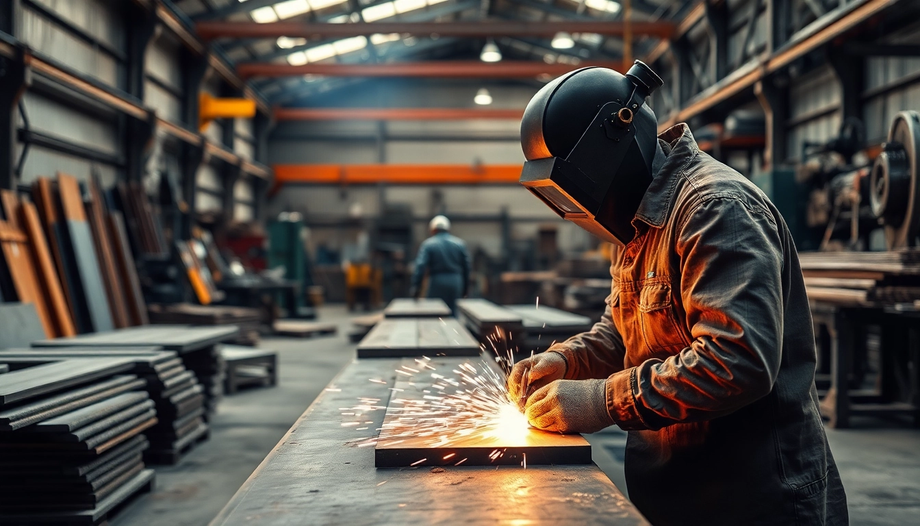 Working artisans in a steel fabrication shop showcasing craftsmanship and industrial activity.