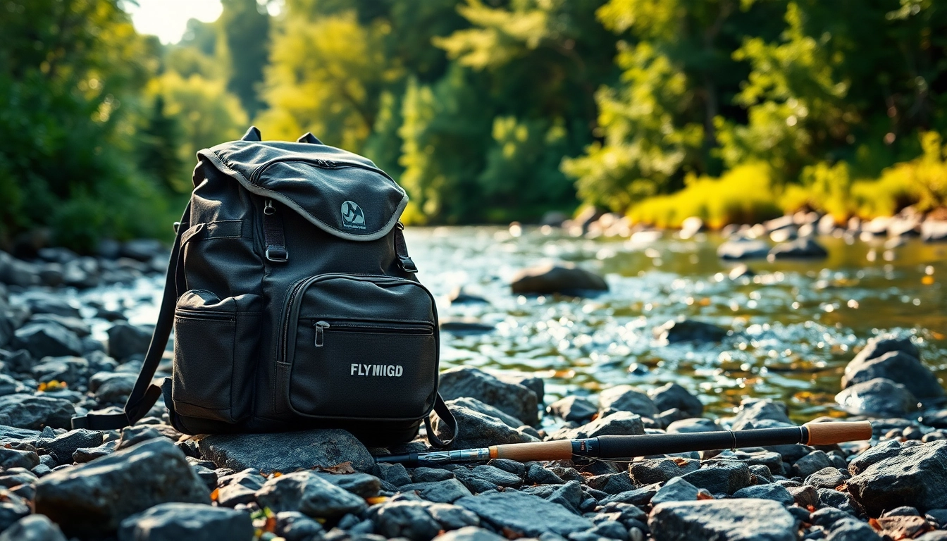 Showcasing a fly fishing backpack on a riverbank with gear, emphasizing adventure and quality.