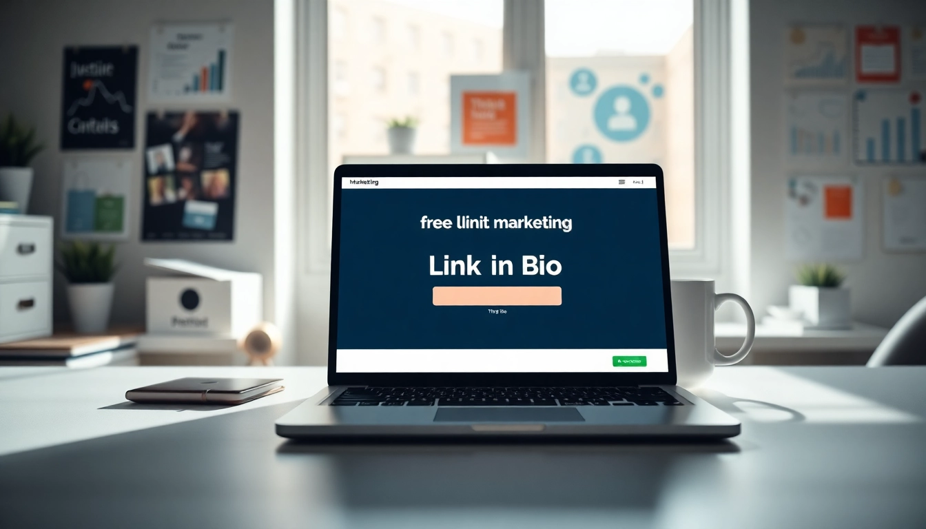 Showcase a user interacting with a Free link in bio tool on a sleek laptop, emphasizing digital marketing.