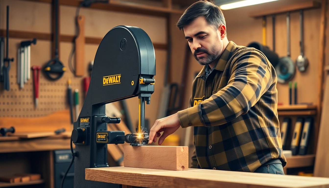 The DeWalt band saw expertly cutting through wood, showcasing precision and craftsmanship.