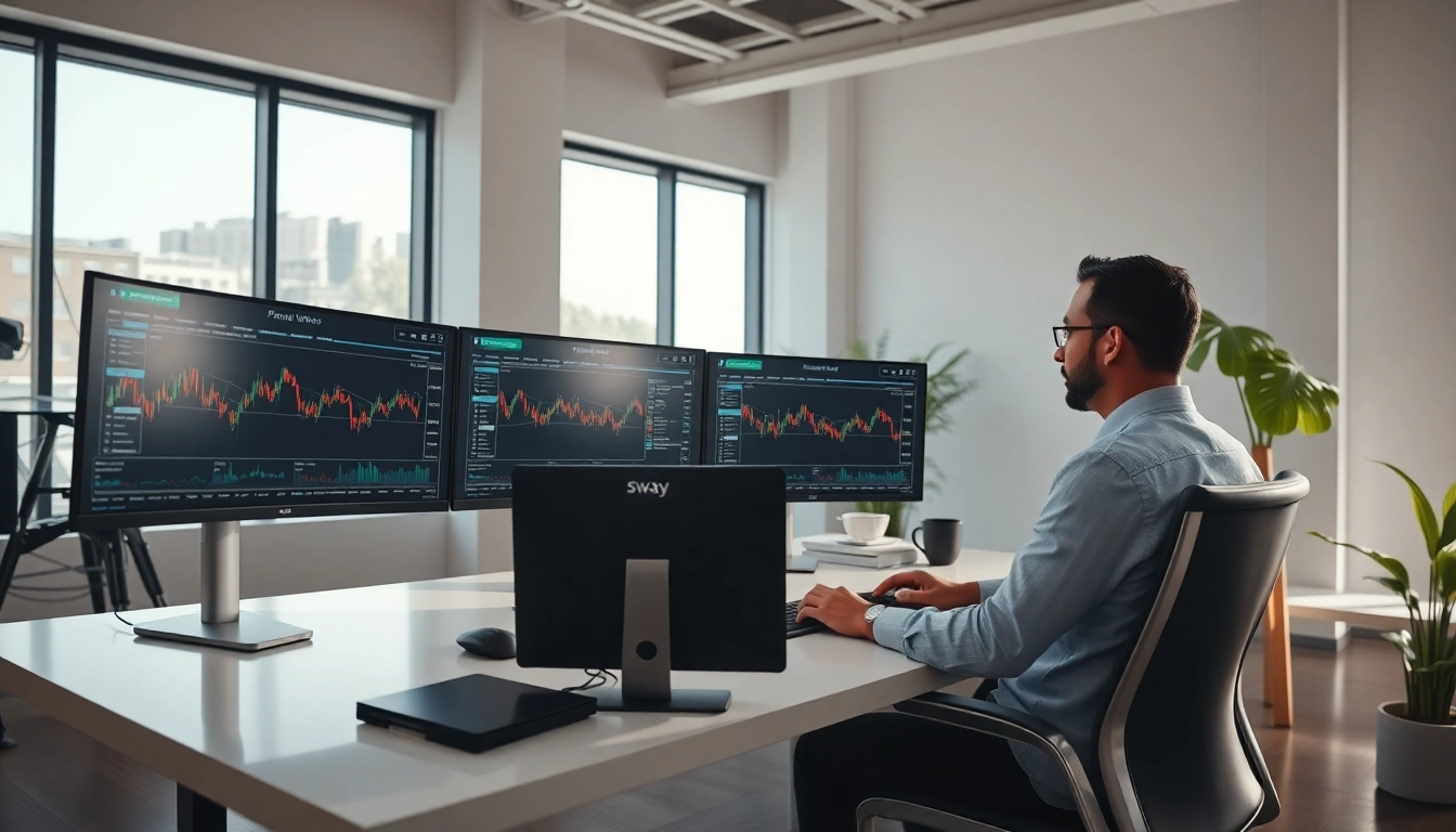 Rendering of a trader analyzing sway markets on multiple screens in a modern office.