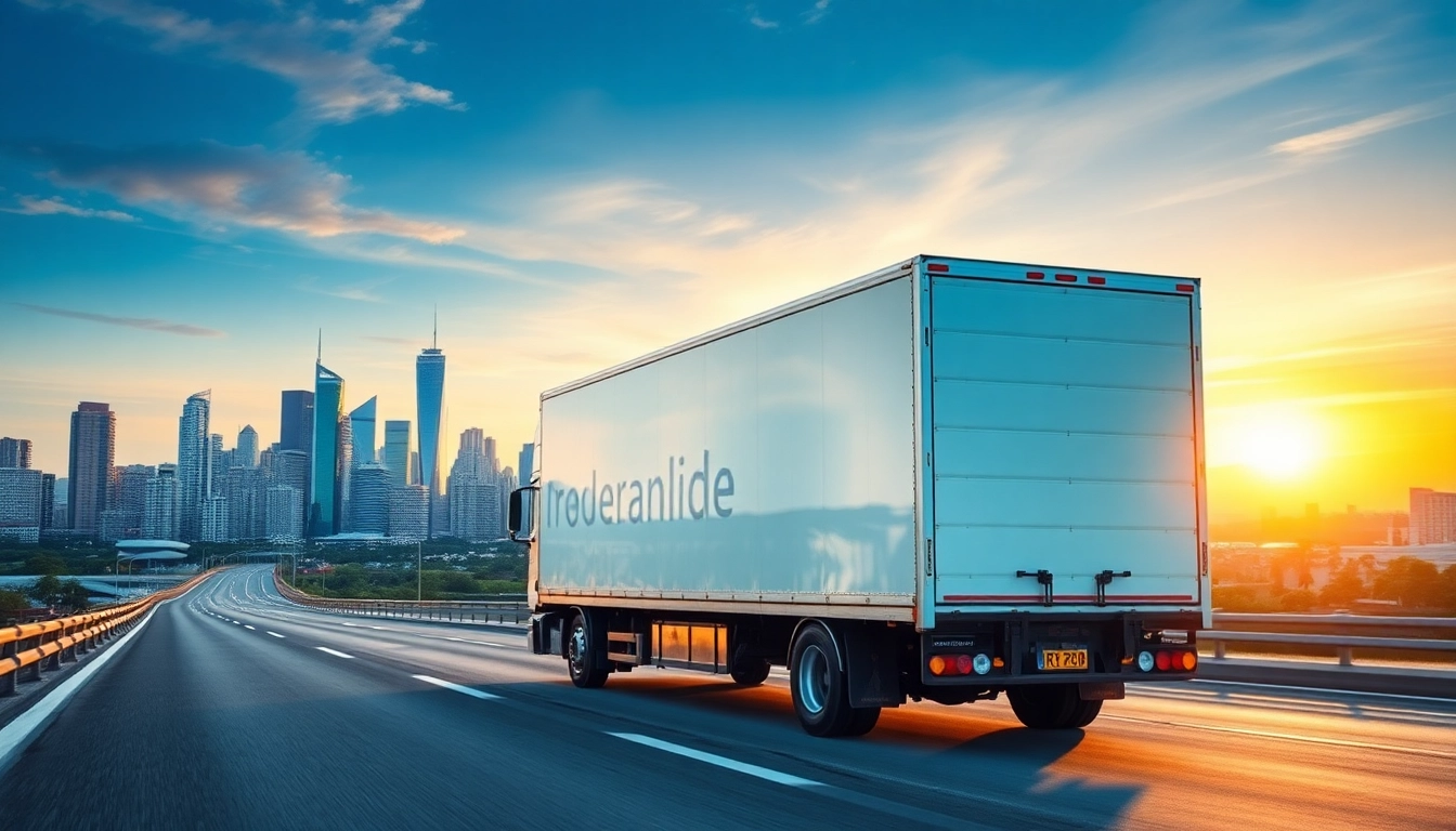 Province to province movers transporting goods with a moving truck against a vibrant cityscape.