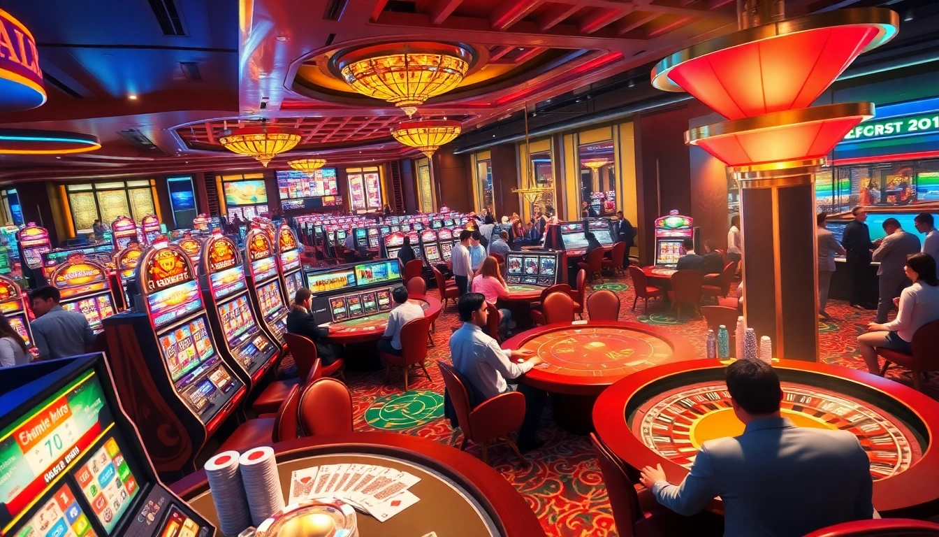 Experience the vibrant gambling world of KJC AC 1 with players enjoying casino tables and slot machines.