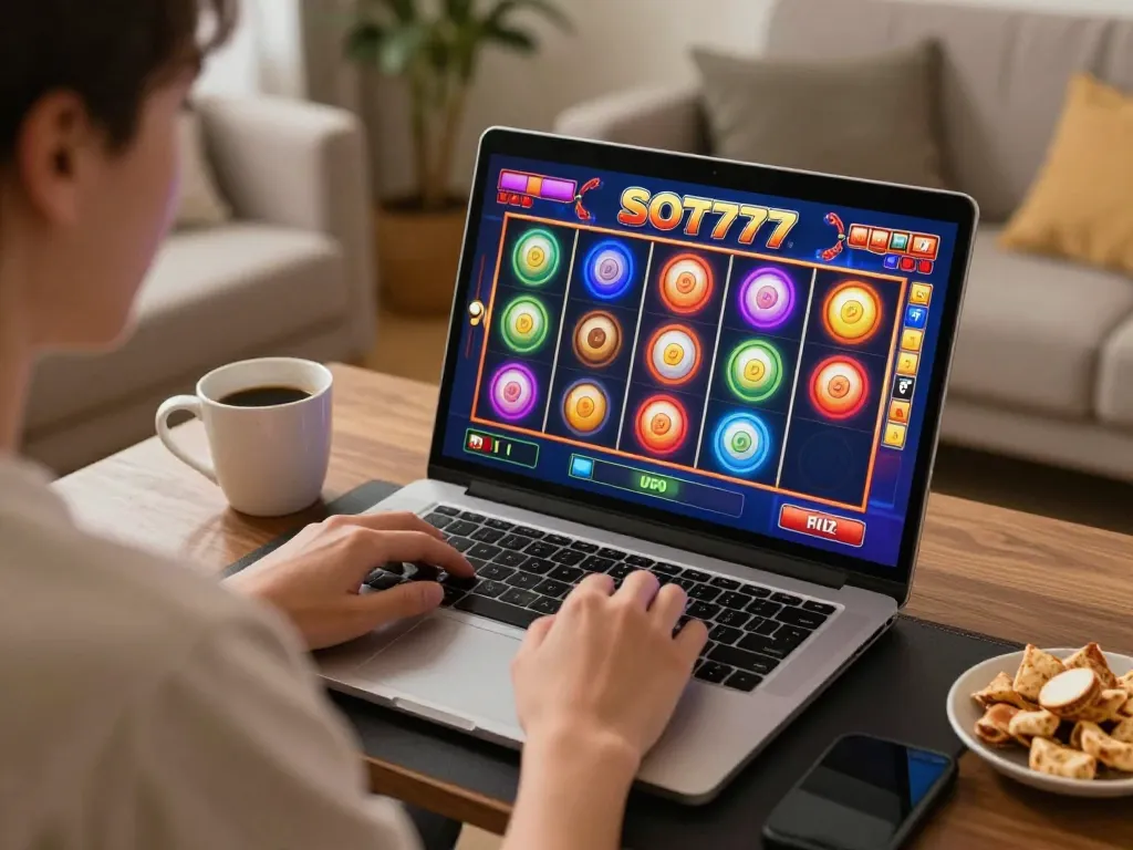 Player enjoying slot777 online, vibrant slot interface and cozy home setting.