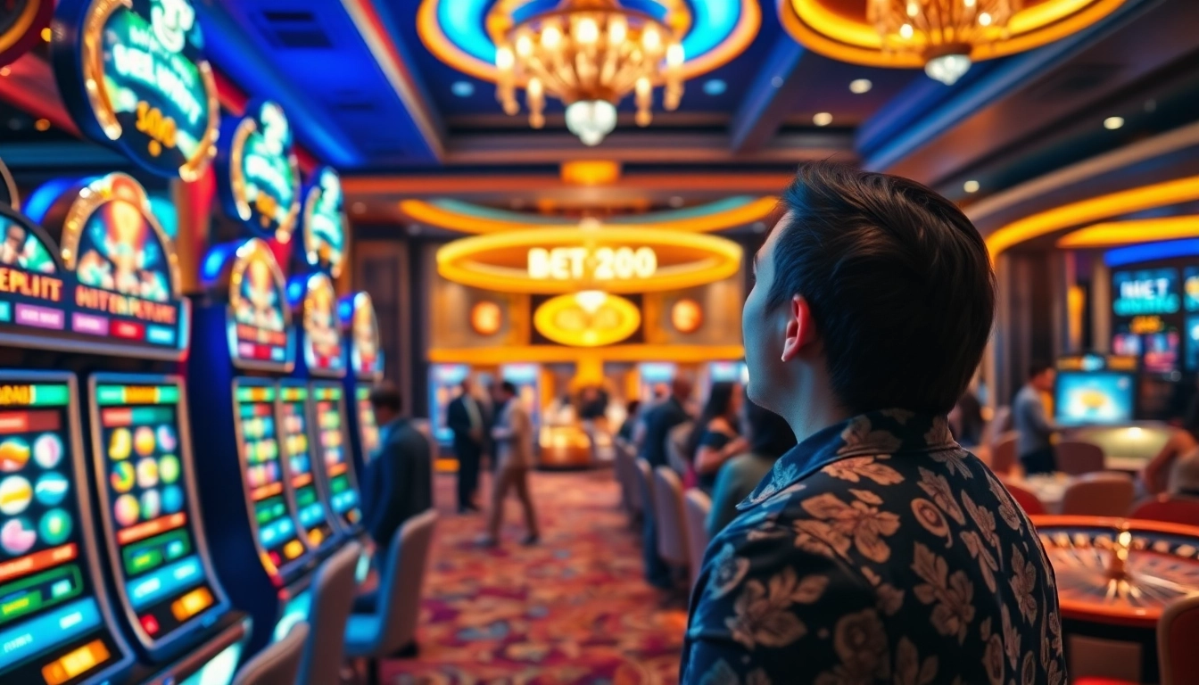 Merayakan kemenangan di mesin Slot Bet 200 di kasino glamor dengan dekorasi yang cerah.