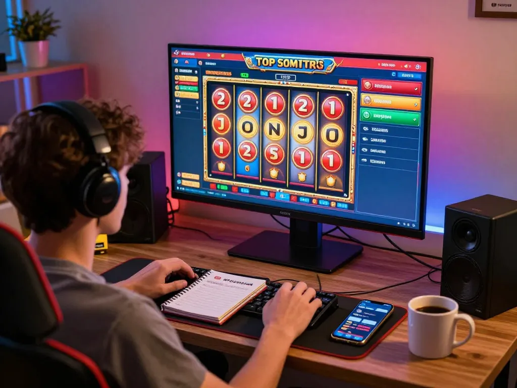 Engaging player strategizing while enjoying the dynamic toto slot game on a vibrant home gaming setup.
