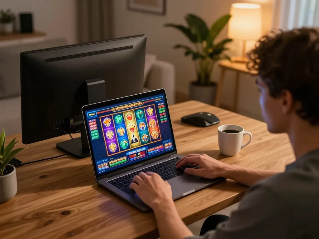 Nohu online gaming session featuring a player engaging with vibrant slot games on a laptop.