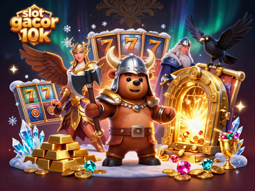 Engage with slot gacor 10k through a vibrant 3D scene featuring Viking characters and casino elements