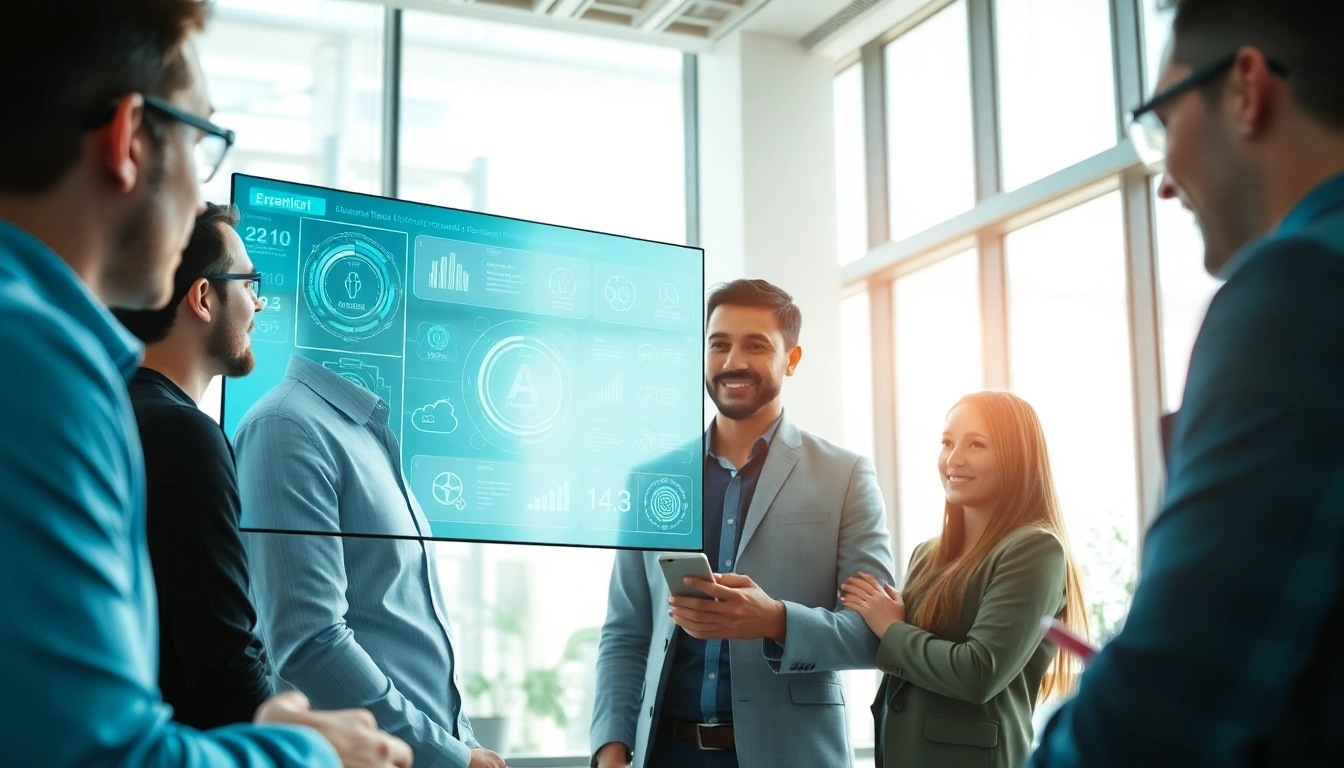 Engaged team collaborating with their enterprise ai assistant in a modern office environment.