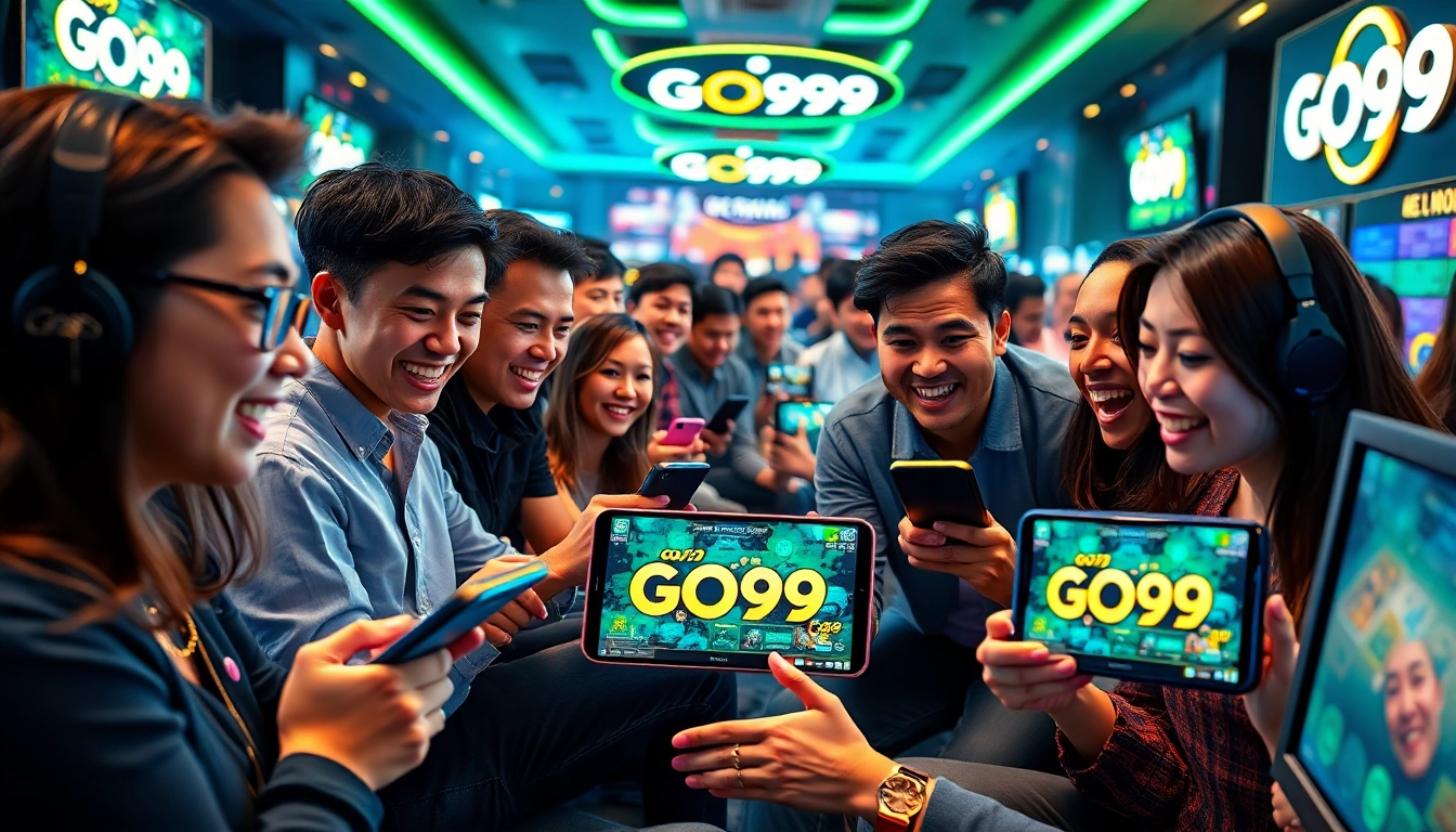 Engaging scene of players enjoying GO99 gaming app in a vibrant atmosphere