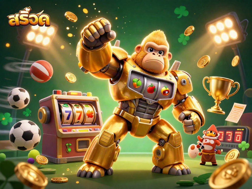 Spin and win big with สล็อต in a vibrant, action-packed casino illustration showing slots and sports.